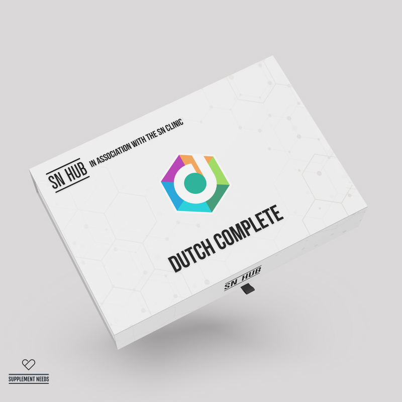 Product packaging with 'SN Hub' and 'Dutch Complete' branding on a gray background