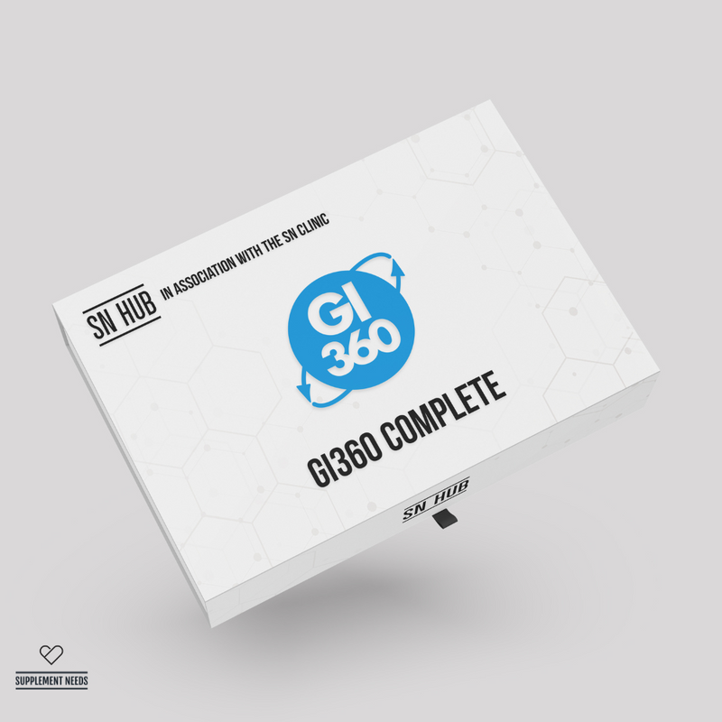 Box labeled 'GI 360 Complete' by SN Hub on a gray background