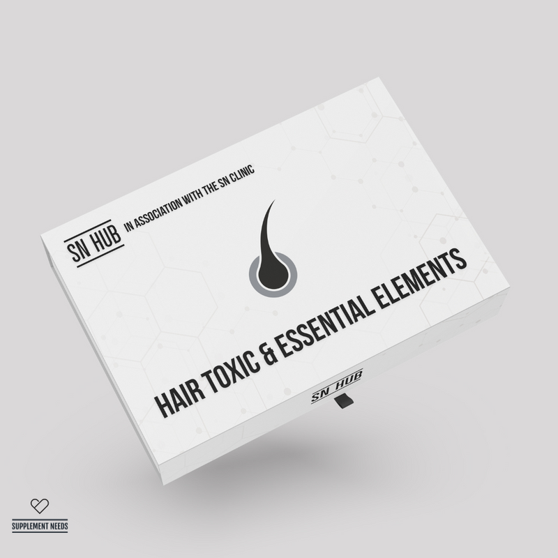 Box labeled 'Hair Toxic & Essential Elements' by SN Hub on a gray background