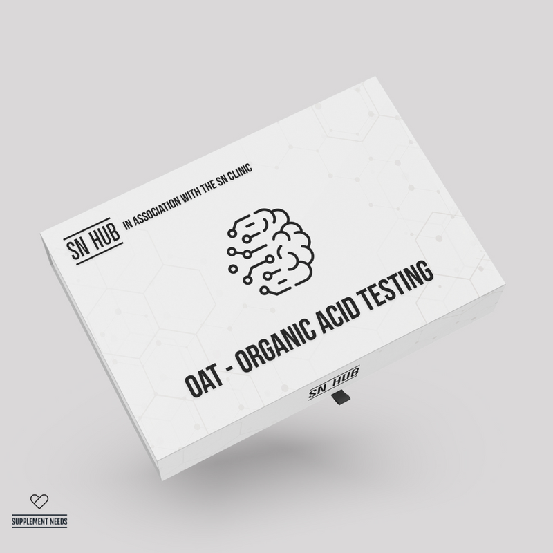 Box for organic acid testing with SN Hub branding on a gray background