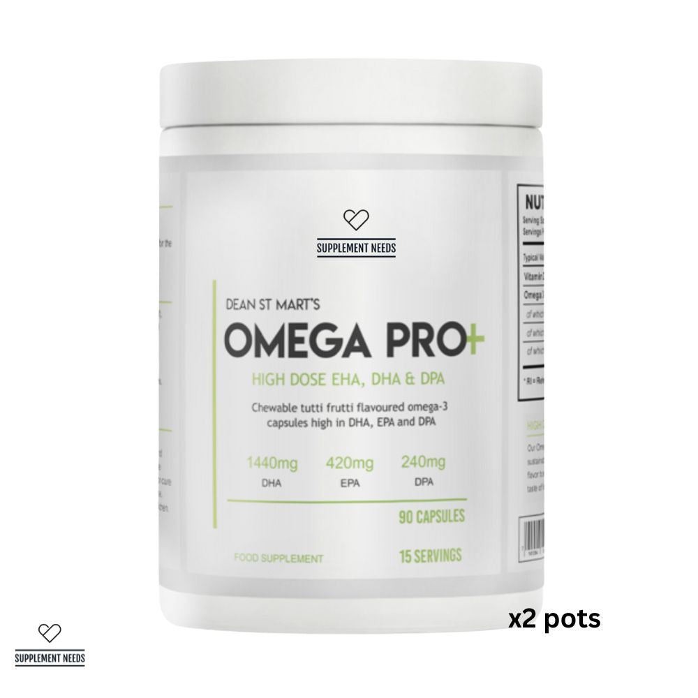 Supplement Needs Dr Dean St Mart Omega PRO+ plus DPA EPA DHA chewable fish oil capsule low TOTOX tutti fruity flavour high absorption digestion 2 pots 90 capsules 15 servings