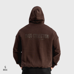 Brown SN Clo. hoodie with 'OVSD Collection' text on the back against a white background