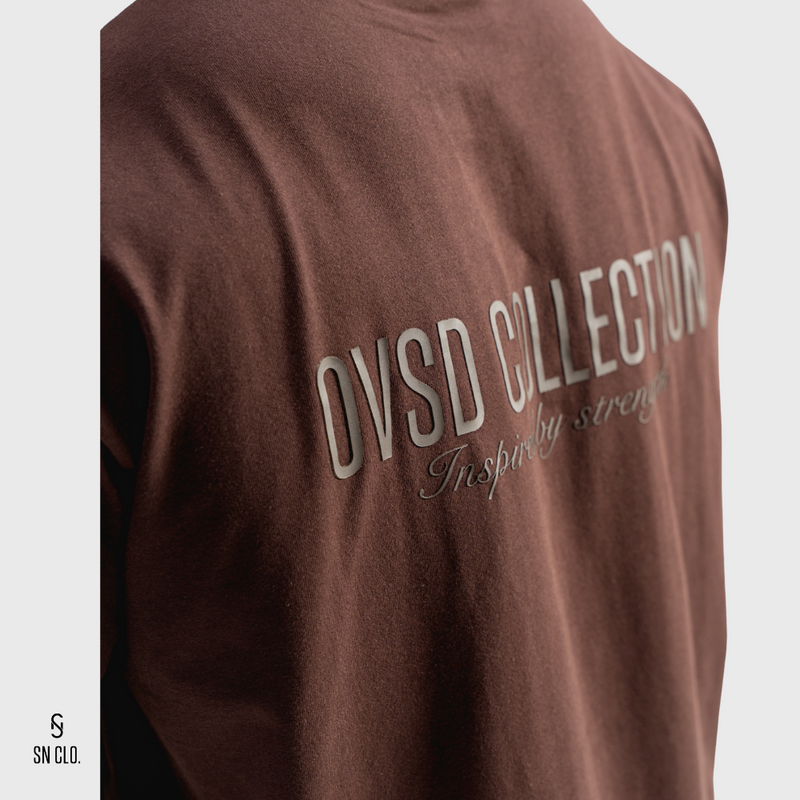Brown SN Clo. tee with 'OVSD Collection' text on a grey background