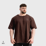 Man wearing a brown t-shirt with a SN Clo logo on a white background