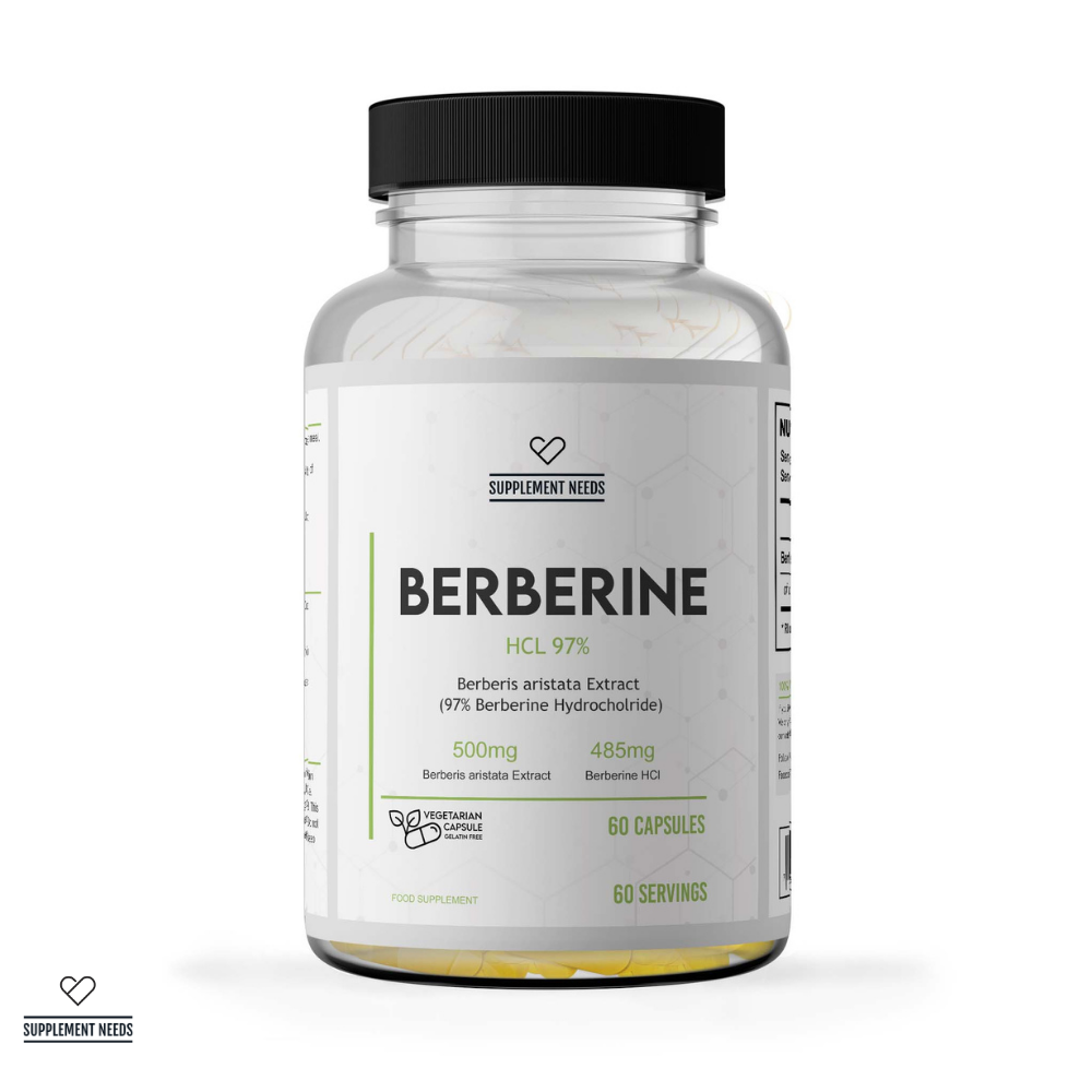 Supplement Needs Berberine HCl Berberis Aristata 97% 500mg 60 servings capsules blood sugar glucose control disposal agent antibacterial SIBO small intestinal bacteria health range