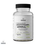 A clear supplement bottle with a black ribbed cap and a white label reading 'Supplement Needs' and 'Dr Dean St Mart Phd's Multivitamin & Mineral Pro' 60 servings. The bottle is shown on a white background with several beige capsules visible through the transparent lower portion.